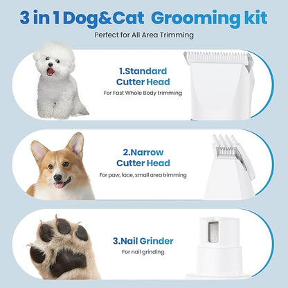 3-in-1 Dog &amp; Cat Grooming Kit - Rechargeable Cordless Pet Hair Clippers with Nail Grinder &amp; Paw Trimmer &amp; 5 Guide Combs, Low Noise Dog Clippers for Grooming Small Medium Pets