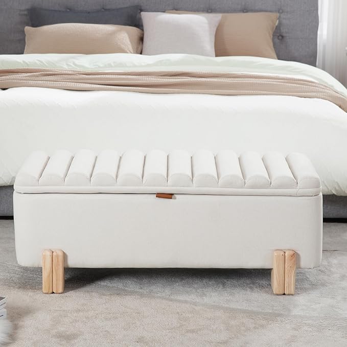 Kmax 45" Storage Bench Linen Entryway Bench Upholstered Ottoman Bench with Wavy Top &amp; Safty Hinge for Bedroom Living Room Hallway, Beige