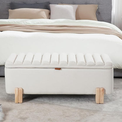 Kmax 45" Storage Bench Linen Entryway Bench Upholstered Ottoman Bench with Wavy Top &amp; Safty Hinge for Bedroom Living Room Hallway, Beige