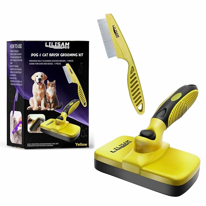 Pet Self Cleaning Slicker Brush and Grooming Comb - Gently Removes Loose Hair, Tangles, and Dirt - Skin Friendly Deshedding Grooming Tool for Hair Dogs &amp; Cats - Pet Supplies Accessories (Yellow)