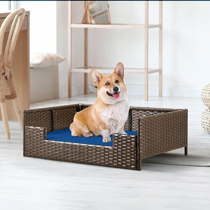 YITAHOME Rattan Dog Sofa Bed with Cushion,Wicker Pet Bed Sofa Couch Indoor Outdoor Water Unaffected for Large Medium Small Dogs Cats (24.8&