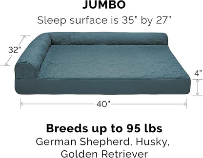 Furhaven Cooling Gel Dog Bed for Large Dogs w/ Removable Bolsters &amp; Washable Cover, For Dogs Up to 95 lbs - Pinsonic Quilted Paw L Shaped Chaise - Bluestone, Jumbo/XL