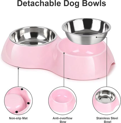 Stainless Steel Dog Bowls Set – Dual Non-Slip Pet Dishes with 2 Small (4oz*2) Bowls &amp; Durable Resin Stand,Food &amp; Water Feeder for Puppies, Kittens, and Small Breed Dogs– Pink