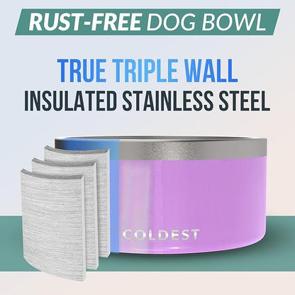 Coldest Dog Bowl - Anti Rust Metal, Non Slip, 3 Layers Insulated Stainless Steel Dog Bowls - Spill Proof &amp; Heavy Duty - Water Bowl for Dogs, Cats, Dish Washer Safe (200 oz, Saturns Purple Glitter)