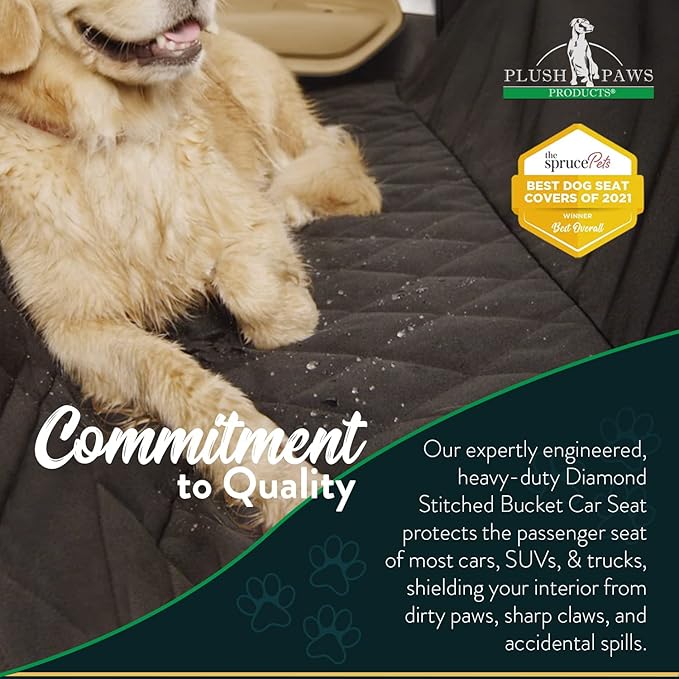 Plush Paws Products Premium Bucket Car Seat Protector | Diamond Stitching | Washable &amp; Waterproof Front Seat Dog Cover Car, Truck, &amp; SUV | Nonslip, Tear Resistant Pet Passenger Seat Cover | Tan