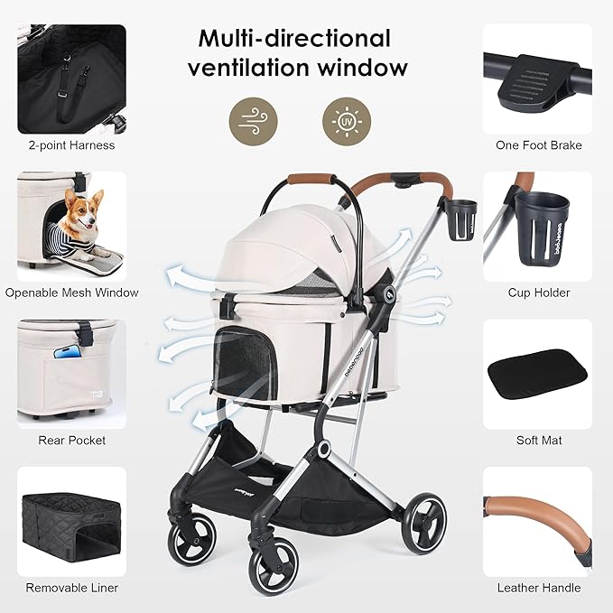 T3 Pro 3-in-1 Pet Stroller for Small Dogs &amp; Cats – Foldable, Lightweight with Detachable Carrier, 180° Canopy &amp; Cup Holder (Beige)