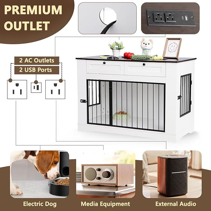 Large Dog Crate Furniture-Decorative Heavy Duty Dog Cage Indoor, Wooden Dog Cage End Table with Charging Station, Dog House with 2 Drawers (White, 47.2&
