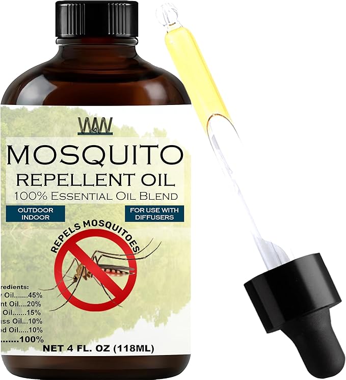 W4W Mosquito Oil - 100% Essential Oil Blend - 4 Oz - Mosquitoes, Gnats &amp; other Flying Insects - for use with Diffusers, Sprays, Lotions, &amp; Soaps - 4 Ounce Dropper Bottle