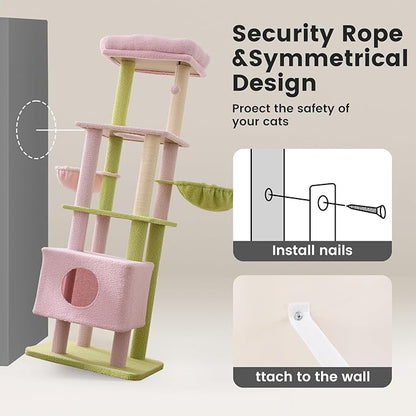 Gardner Pet 65in Heavy Duty Cat Tree Tower for Large Cats, Multi-Level Cat Furniture with Replaceable Sisal Scratching Post, Hammock | Extra-Large Platform &amp; Condo (Pink&amp;Green, Basic φ:2.84")