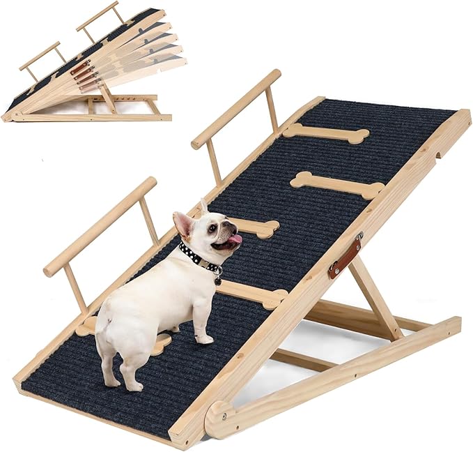 Dog Ramp for Bed, Non-Slip Pet Ramp with 5 Adjustable Heights, Portable Foldable Wooden 40" Long Pet Stairs for Small &amp; Large Old Dogs &amp; Cats - Lightweight &amp; Easy Storage