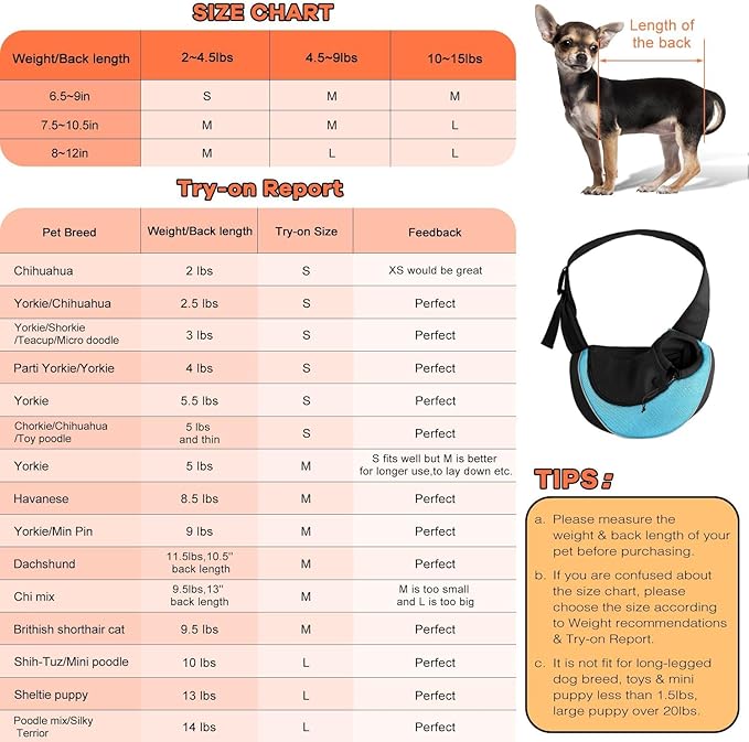 YUDODO Pet Sling Carrier for Small Dogs &amp; Cats – Hands-Free Puppy Carrier with Safety Hook, Large Zipper Pocket, Soft Breathable Mesh, Adjustable Strap &amp; Reflective Strip (Cyan 2.0 M)