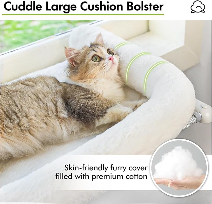 Cat Window Sill Perch with Large Bolster, Easy to Adjust &amp; Assemble Cat Window Seat for Windowsill &amp; Bedside, Pet Hammock Bed for Large Cats and Kittens (White, M)