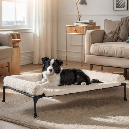 Veehoo Cooling Elevated Dog Bed Add Removable Deluxe Rose Plush Bolster Cushion Mat, 41" x 27" Washable Dog Couch Bed, Raised Pet Cot with Breathable Teslin Mesh, No-Slip Feet, White, CWC2439B