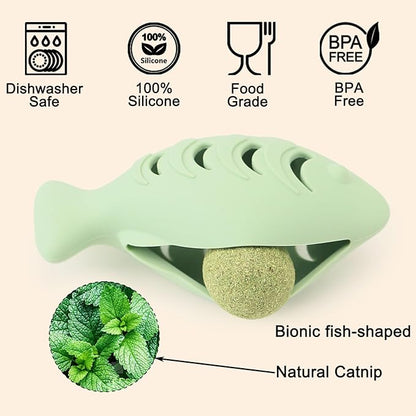 Cat Toys for Indoor Cats, Fish Shaped Chew Catnip Toys for Teeth Cleaning, Food Grade Silicone Cat Enrichment Toy, Interactive Kitten Teething Toys with 1 Cat Nip Ball, 2 Pcs