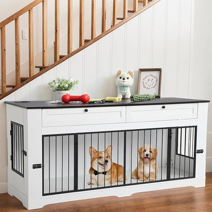 Large Dog Crate Furniture-Decorative Heavy Duty Dog Cage Indoor, Wooden Dog Cage End Table with Charging Station, Dog House with 2 Drawers (White, 70.86&