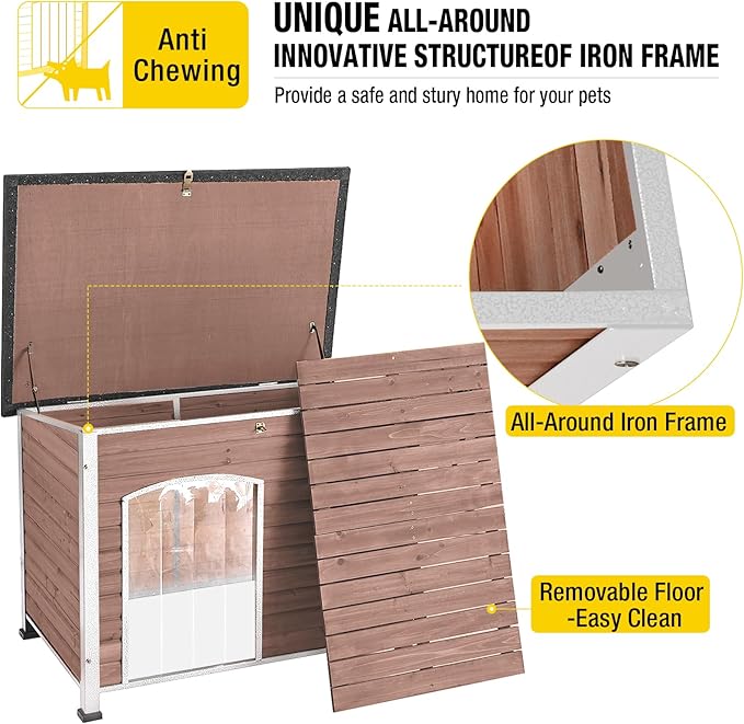 Dog House Outdoor &amp; Indoor Wooden Dog Kennel for Winter with Raised Feet Weatherproof for Small &amp; Medium &amp; Large Dogs,Unique All-Around Iron Frame，Light Brown