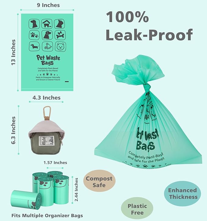 100% Compostable Dog Poop Bags, 270Count Value Pack, BPI Certified, Biodegradable Leakproof Thick Poop Bags for Dogs with Dispenser, Plant-Based, ASTM D6400 &amp; EN 13432 Compliant Pet Waste Bag
