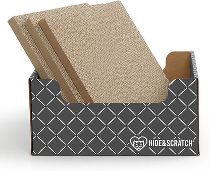 HIDE &amp; SCRATCH Cat Scratcher Box and Cat Bed with Refillable Double-Sided Cardboard Scratch Pad for Indoor Cats