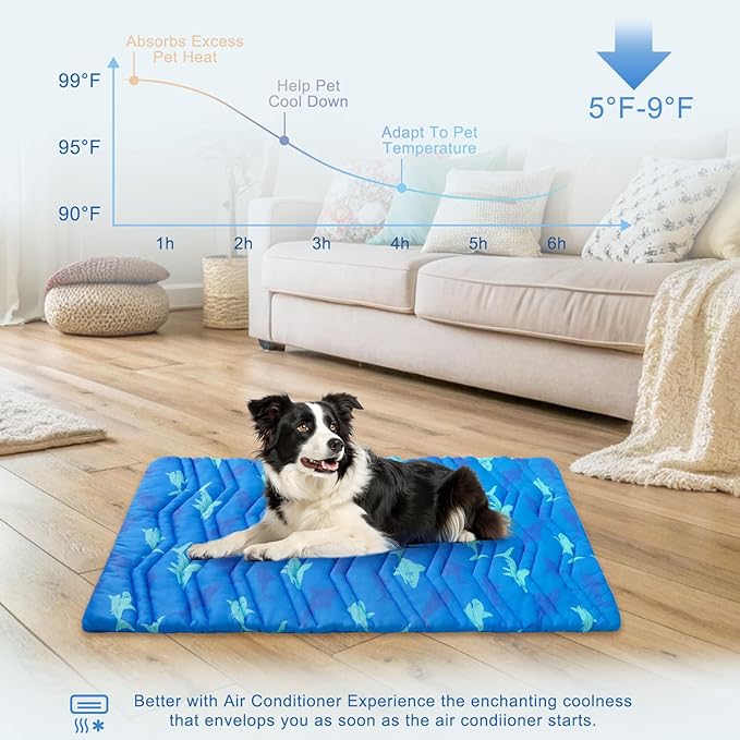 BEAUTYZOO Dog Cooling Mat- Upgraded Thicken Cooling Mat for Large Dogs Reversible(Cool &amp; Warm) Pet Ice Cool Bed Washable &amp; Portable, Summer Crate Pad for Big Dog Puppy Up to 44 lbs, Shark Blue 36X23IN