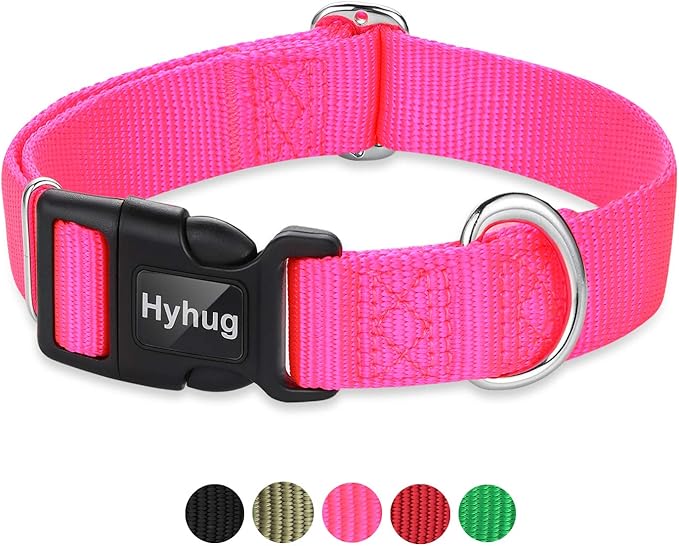 Hyhug Pets Classic Regular Heavy Duty Nylon Dog Collar with Easy to Put On &amp; Off Buckle. (Small, Hot Pink)