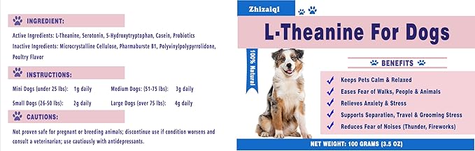 L-Theanine Supplement for Cats &amp; Small Dogs – Helps Keep Pets Calm &amp; Relaxed – for Small, Medium &amp; Large Dogs &amp; All Cats – 100g Powde