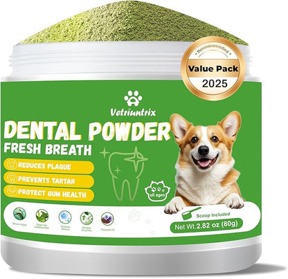 Dog Dental Care Powder - Plaque &amp; Tartar Control with Natural Enzymes, Teeth Cleaning Powder for Dogs with Probiotic, Bad Breath Treatment for Small Medium Large Dogs