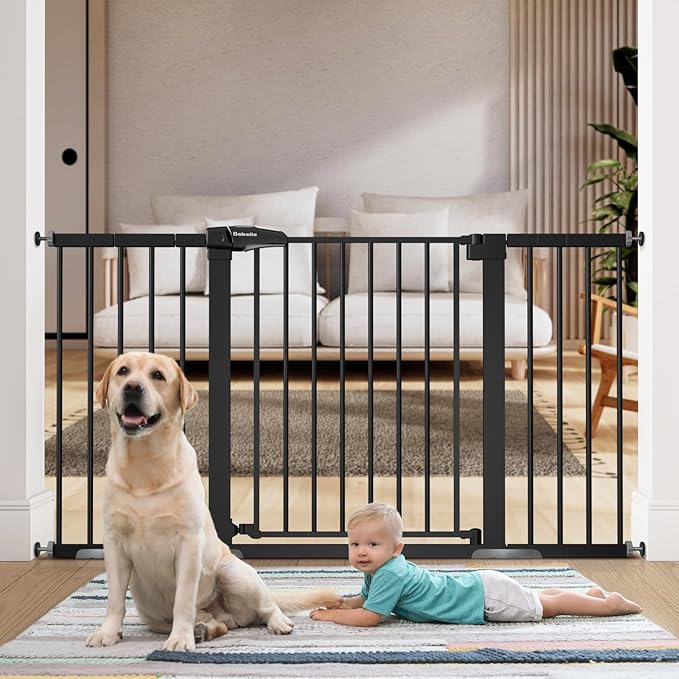 BABELIO 36" Tall Baby Gate, 29-55" Auto Close Pressure Mounted Dog Gate for Doorways &amp; Hallway, Pressguard Basics Easy Walk Thru Pet Gate, Extra Wide Metal Child Gate, Black