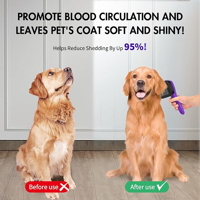 Dog Brush Kit - Self-Cleaning Slicker Brush with Bath Brush &amp; Undercoat Rake | Deshedding Tools for Large - Small Dogs &amp; Cats, Professional 3-in-1 Pet Grooming Set for Heavy Shedding, Purple