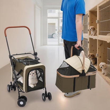 Foldable Pet Stroller for Small &amp; Medium Dogs, Double Dog &amp; Cat Stroller with 3-in-1 Travel System, Detachable Pet Carrier with Wheels for Cats and Dogs up to 77 lbs, Dark Green