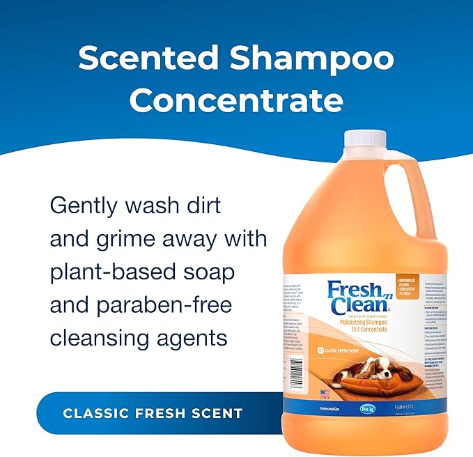 PetAg Fresh ’n Clean Moisturizing Shampoo, Classic Fresh Scent (15:1 Concentrate) - 1 Gallon - Moisturizes with Vitamin E &amp; Aloe Vera - Strengthens &amp; Repairs Coats - Soap Free