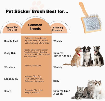 Dog Slicker Brush for Shedding and Grooming Medium or Long Haired Cats, Extra Long &amp; Soft Pin Slicker Brush for Removes Loose Hair, Tangles, Knots, Undercoat, Free Pet Comb, Large, Oak