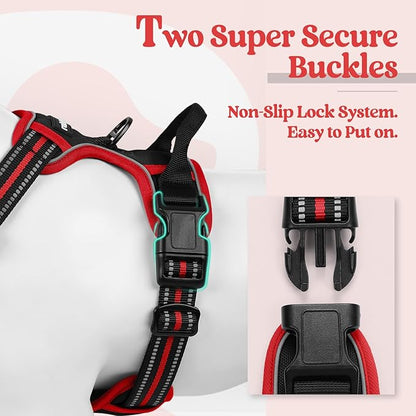 rabbitgoo Dog Harness No Pull with 2 Leash Clips, Adjustable Soft Padded, Reflective Oxford No Choke Pet Vest with Easy Control Handle for Large Dogs, Black &amp; Red, XL