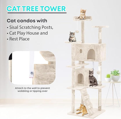 FDW Cat Tree 70in Cat Tower Multi-Level Durable Cat Scratching Post &amp; Cozy Fun Cat Jumping Platform Space Saving Cat Condo Pet Play House for Indoor Cats,Beige