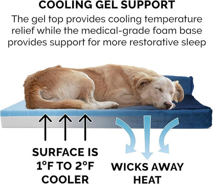 Furhaven Cooling Gel Dog Bed for Large Dogs w/ Removable Bolsters &amp; Washable Cover, For Dogs Up to 125 lbs - Plush &amp; Velvet L Shaped Chaise - Deep Sapphire, Jumbo Plus/XXL