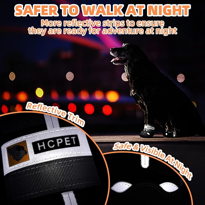 Hcpet Dog Shoes for Large Dogs, Waterproof Dog Booties for Small Medium Dogs, Anti-Slip Dog Boots &amp; Paw Protectors for Hot Pavement Winter Snow Hiking with Reflective Straps Black Size 7