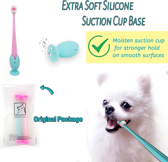 E.M&amp;S.T by Emmeliestella Small Dog &amp; Cat Toothbrush 360 Degree Soft Silicone, Cat Dental Care, Toothbrush Holder, Easy to Handle, Independent Packaging, Extra Suction Cup, Light Blue&amp;Light Pink 3PCS
