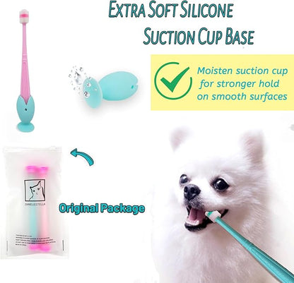 E.M&amp;S.T by Emmeliestella Small Dog &amp; Cat Toothbrush 360 Degree Soft Silicone, Cat Dental Care, Toothbrush Holder, Easy to Handle, Independent Packaging, Extra Suction Cup, Light Blue&amp;Light Pink 3PCS
