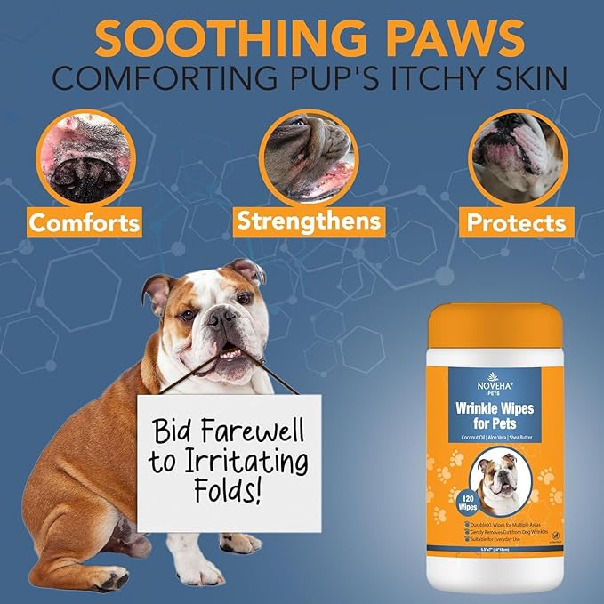NOVEHA Wrinkle XL Wipes for Dogs | Wipes for Bulldog, French Bulldog, Pug, English Bulldog – Wipes for Multiple Areas Removes Dirt, Wrinkles, Folds, Tear Stain, Tail Pockets &amp; Paws (240 Counts)