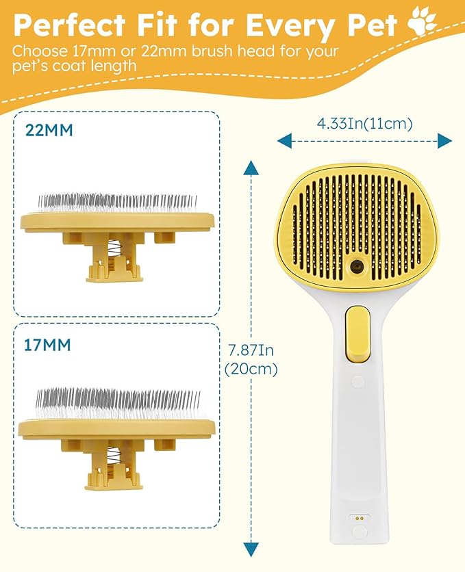 FURGO 3-in-1 Pet Steam Brush for Dogs &amp; Cats – Reduces Static, Long-Pin Head for Long Hair, One-Click Release Button, Dog Spray Brush for Shedding Control (Long)