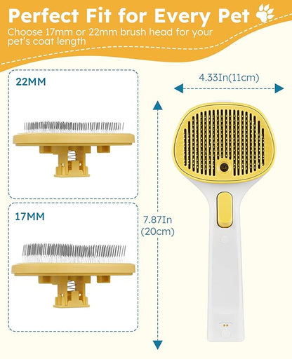 FURGO 3-in-1 Pet Steam Brush for Dogs &amp; Cats – Reduces Static, Replaceable Heads, One-Touch Hair Ejection, Dog Spray Brush for Shedding Control(Long&amp;Short)