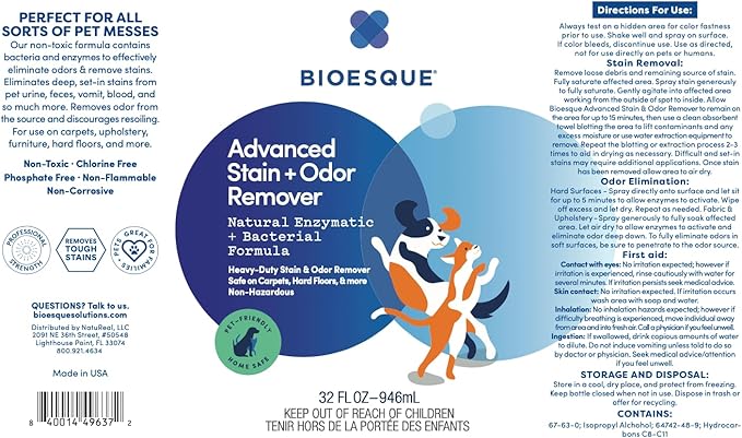 Bioesque Advanced Stain + Odor Remover, Pet-Friendly Natural Enzymatic &amp; Bacterial Formula, Heavy-Duty Stain &amp; Odor Remover, Safe on Carpets, Hard Floors, &amp; More, 32 Fl Oz (Pack of 6)