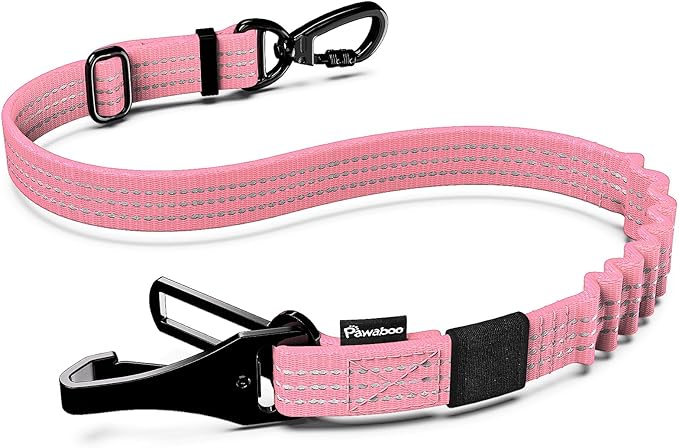 Pawaboo Dog Seatbelt for Car, 3-in-1 Dog Seat Belt Bungee, Shockproof Dogs Tether for Car with Buckle &amp; Hook Latch, Adjustable Reflective Dogs Cars Harness Leash with 360° Lockable Buckle, Pink