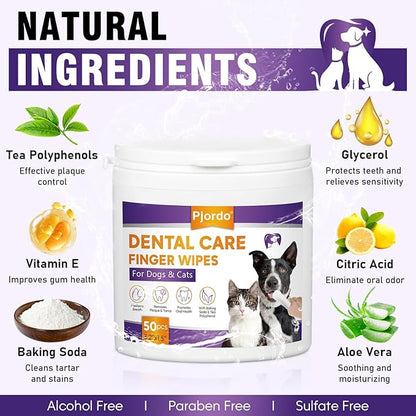 Teeth Cleaning Wipes for Dogs &amp; Cats, Dental Care Finger Wipes, Remove Plaque, Tartar &amp; Bad Breath, Disposable Gentle Cleaning &amp; Gum Care Pet Wipes, No-Rinse Dog Finger Toothbrush, 50 Counts