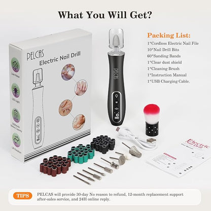 PELCAS Electric Nail Drills, Professional Cordless Nail File Kit with Light, 10 Speeds Manicure &amp; Pedicure Kit for Human, Pet, Thick Toenails, Natural &amp; Acrylic Nails Grey
