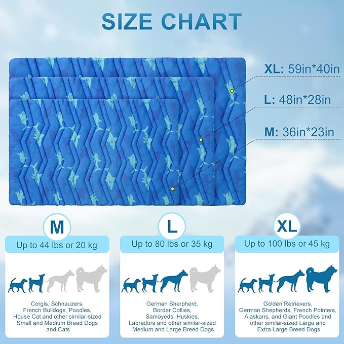BEAUTYZOO Dog Cooling Mat- Upgraded Thicken Cooling Mat for Large Dogs Reversible(Cool &amp; Warm) Pet Ice Cool Bed Washable &amp; Portable, Summer Crate Pad for Big Dog Puppy Up to 80 lbs, Shark Blue 48X28IN