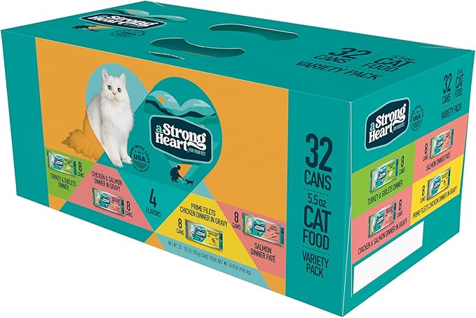 A Strong Heart Canned Wet Cat Food, Dinner Variety Pack - 5.5 oz Cans (Pack of 32), Made in The USA with Real Chicken, Turkey &amp; Salmon