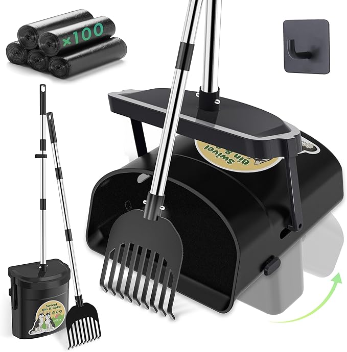 UPSKY Dog Pooper Scooper Swivel Bin &amp; Rake Kit with 100 Waste Bags,33.4" Stainless Steel Long Handle Heavy Duty Pet Poop Shovel for Large Medium Small Dogs, Odor-Proof Lid for Yard/Lawn/Outdoor Use