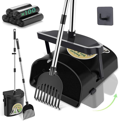 UPSKY Dog Pooper Scooper Swivel Bin &amp; Rake Kit with 100 Waste Bags,33.4" Stainless Steel Long Handle Heavy Duty Pet Poop Shovel for Large Medium Small Dogs, Odor-Proof Lid for Yard/Lawn/Outdoor Use