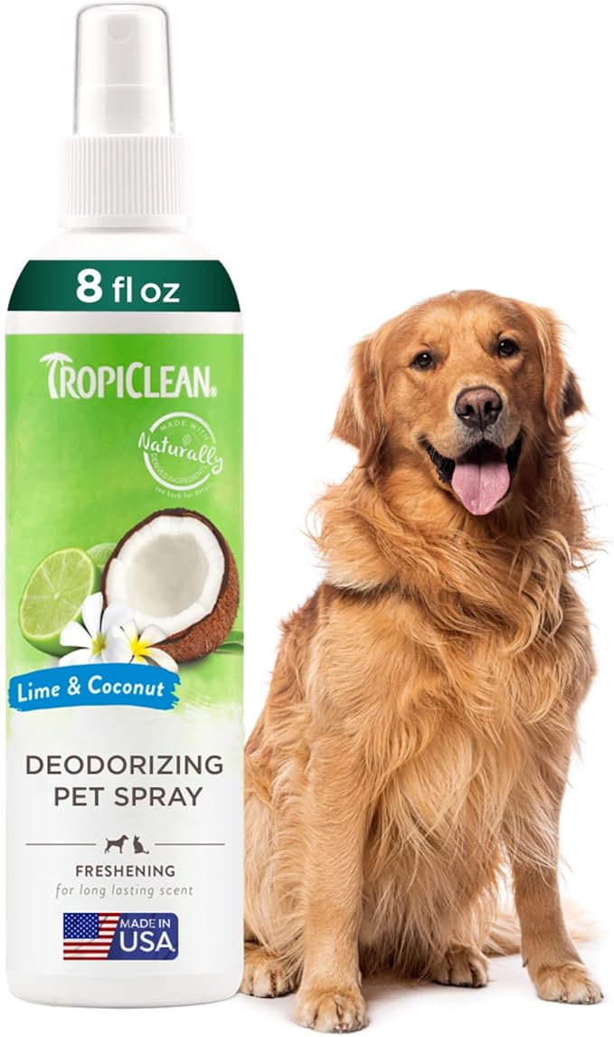 TropiClean Dog Perfume, Long Lasting Lime &amp; Coconut Cologne, Deodorizing Spray for Smelly Dogs, After Bath Detangling Spray with Vitamin E, Safe for Cats, 8oz.