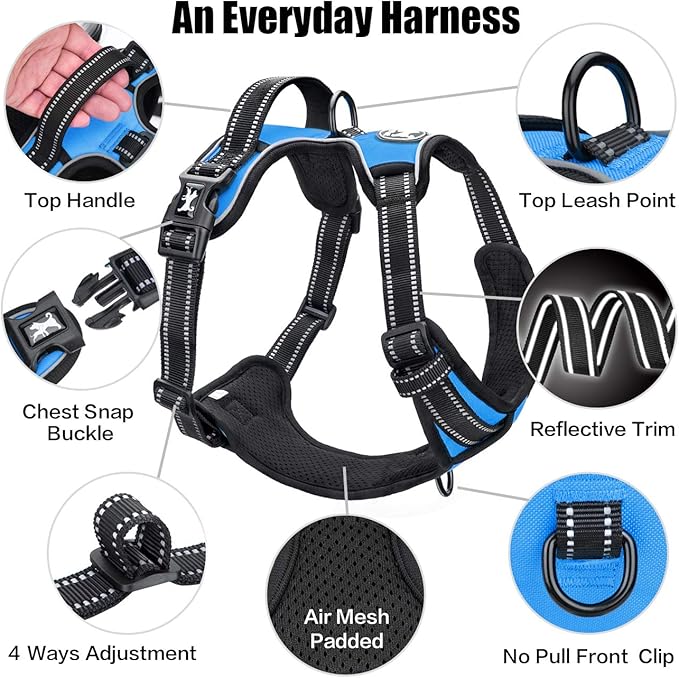 PoyPet No Pull Dog Harness, Reflective Comfortable Vest Harness with Front &amp; Back 2 Leash Attachments and Easy Control Handle Adjustable Soft Padded Pet Vest for Small to Large Dogs (Blue,L)